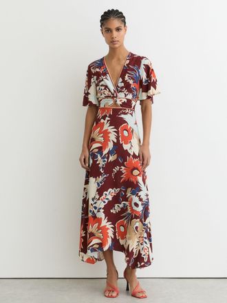Reiss Burgundy Floral-print Cut-out Midi Dress, 12