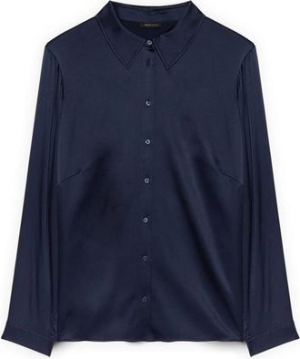Fiorella Rubino Stretch Zijden Blouse met Klassieke Kraag - Dames - Overhemden - Blauw - 6XL - Overhemden
