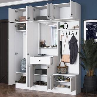 Dmora Mueble De Entrada Torpenn, Incluye Espejo, Perchero, 11 Estantes, 180x36x226h Cm Blanco