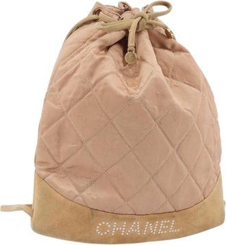 Chanel Vintage Drawstring Quilted Satin With Suede Pink Satin Backpack Bag (Pre-Owned)