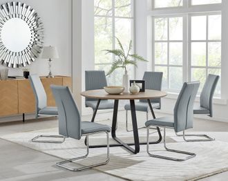 Furniturebox Santorini Brown Wood Effect Dining Table & 6 Black Lorenzo Chairs in Grey