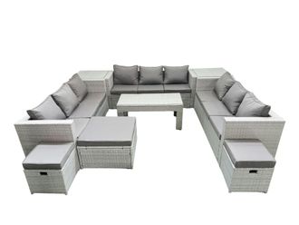 Fimous Rattan Garden Outdoor Furniture Set 12 Seater Garden Sofa Oblong Coffee Table Set with 3 Footstools 2 Side Tables Light Grey Mixed