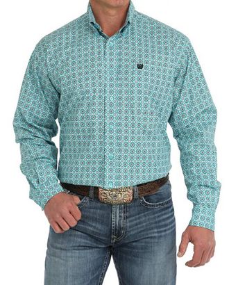 Cinch Stretch Print Button Down Classic Fit Shirt In Turquoise