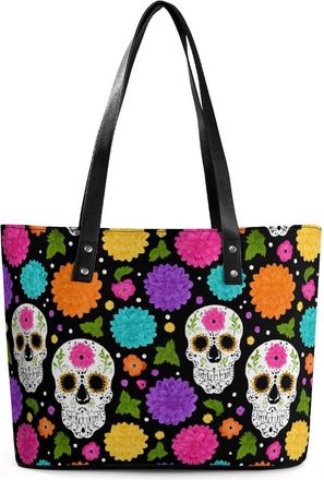 Generic Colourful Skull Flowers Tote Bags for Women Cute Shoulder Purses Handbags