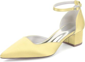 Generic Womens Block Heels Satin Bridal Wedding Shoes Pointed Toe Ankle Strap Court Prom Party Low Heels Shoes 4.5Cm,Yellow,10 UK