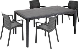 Dmora Dmora - Set salotto da esterno Lograto, Salottino outdoor e indoor, Tavolo rettangolare fisso con 4 sedie impilabili, Made in Italy, Antracite