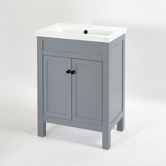 Milano Aston Light Grey 615mm Bathroom Cloakroom Vanity Unit with Basin and Round Handles - Black Handles