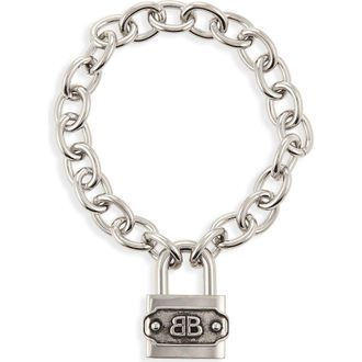 Balenciaga BB Padlock Bracelet in Silver/Antique Silver at Nordstrom, Size Small