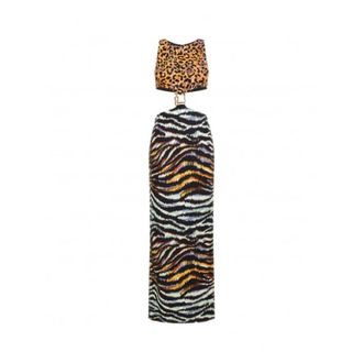 Just Cavalli Lange jurk met dierenprint en veelkleurig patroon - Dames - Maxi kleedjes - Veelkleurig - S - Kleedjes