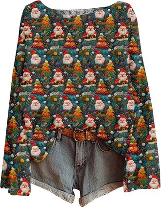 Generic Christmas Jumper for Women Funny Santa Head Print Crew Neck Knitwear Ladies Causal Long Sleeve Jumper Baggy Soft Warm Wear Classy Xmas Gift Tunic for 