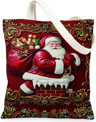 Generic Christmas Santa Canvas Tote Bags, Holiday Decorative Pattern Lightweight Washable Reusable Grocery Bags for Shopping Travel, Red, 13x15 Inch