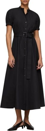 Lafayette 148 New York Puff Sleeve Belted Cotton Poplin Shirt Dress in Black at Nordstrom, Size 12