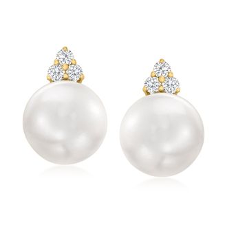 Ross-Simons 8.5-9mm Cultured Pearl and. Diamond Drop Earrings in 14kt Yellow Gold