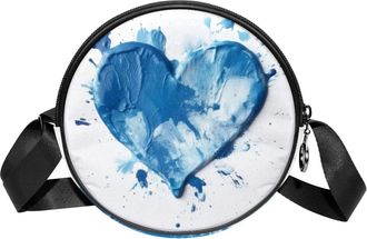 Generic Circle Crossbody Bag for Women, Blue Heart Paint Small Sling Bag Daypack with Zipper Adjustable Shoulder Straps Casual Ladies Girls Round Purse