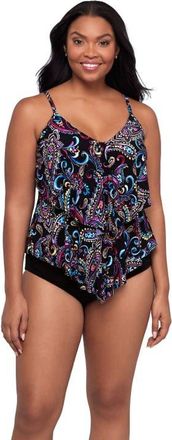 Trimshaper Ronnie 2 Tier Ruffle Tankini Swimsuit Top in Painterly Paisley at Nordstrom, Size 18