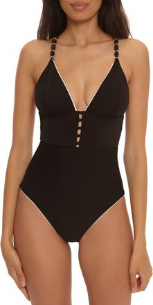 Trina Turk Corinth Contrast Binding Rib One-Piece Swimsuit in Black/Vanilla at Nordstrom, Size 12