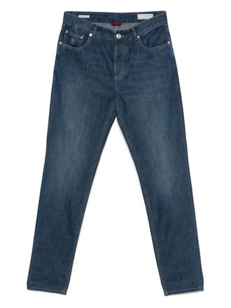 Brunello Cucinelli embroidered-logo jeans - men - Cotton/Cotton/Calf Leather - 58 - Blue