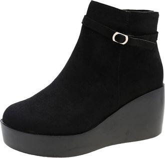 Generic Womens Platform Wedge Heel Ankle Boots with Buckle Strap Comfort Round Toe Zip Up Winter Shoes (7.5,Black)