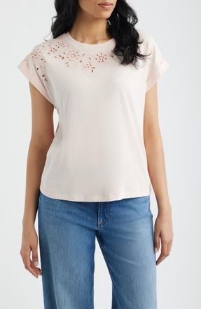 Wit & Wisdom Embroidered Eyelet Cap Sleeve T-Shirt in Angel Pink at Nordstrom, Size X-Large