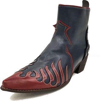 Generic Mens Pointed Toe Western Cowboy Boots Block Heel Short Boots PU Leather Gothic Punk Boot with Side Zipper,Blue,5.5 UK