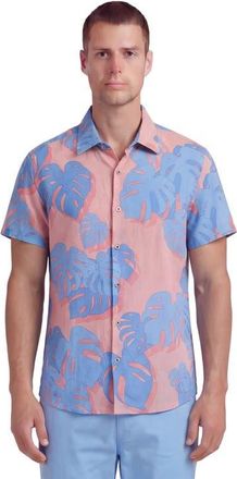 Lords of Harlech Monstera Floral Mens Linen Button-up Shirt in Monstera Floral Coral at Nordstrom, Size Xx-Large