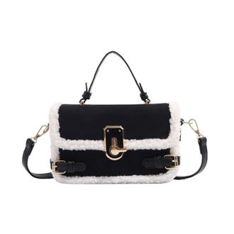 Generic Compatible For Lamb Fur Spliced Small Square Bag Womens Handbag(Black B)