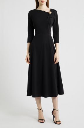 Anne Klein Shoulder Pin Asymmetric Long Sleeve Midi Dress in Anne Black at Nordstrom, Size 14