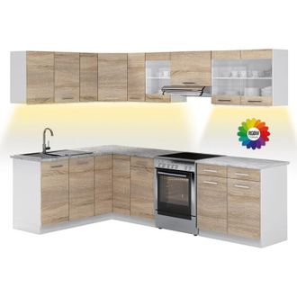 Vicco Cucina ad angolo Rick, Bianco/Sonoma, 267 x 167 cm, pl Marmo con striscia led