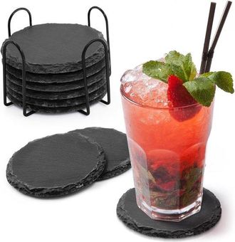 OEM Posavasos De Pizarra Para Cocina, Juego De 8, Posavasos Negros De Primera Calidad Con Elegante Soporte, Duraderos Y Absorbentes