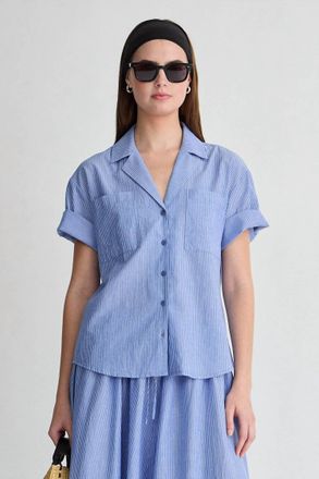 Apiece Apart Valenti Button Up Top In Microstripe Blue And Cream
