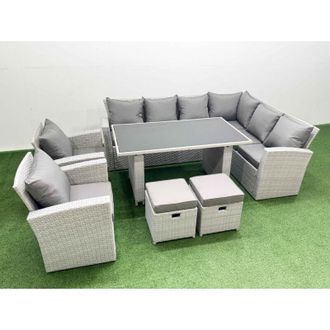 Fimous Outdoor Garden Furniture Sets 10 Seater Wicker Rattan Corner Sofa Sets with Rectangular Dining Table Lounge Sofa 2 Small Footstools Light Grey