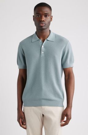 Nordstrom Short Sleeve Textured Cotton & Silk Polo Sweater in Blue Spruce at Nordstrom, Size Xx-Large