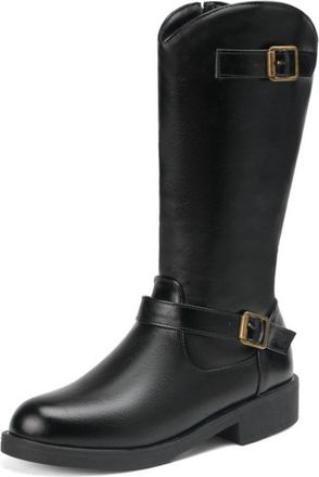 Generic Womens Knee High Faux Leather Boots Double Metal Buckle Straps Round Toe Side Zip Low Block Heels Solid Color Durable Stylish Design,Black,9.5 UK