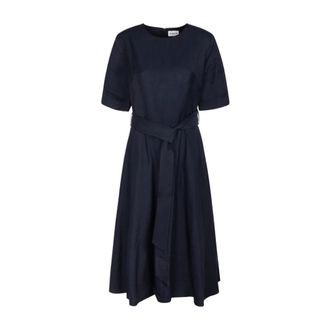 P.A.R.O.S.H. Blauwe Geriemde Uitlopende Midi Jurk - Dames - Casual kleedjes - Blauw - S - Kleedjes