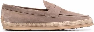 Tod's Suede Loafers With Rubber Outsole And Raffia Piping Shoes