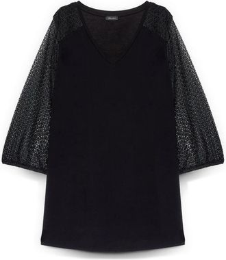 Fiorella Rubino Tweekleurig T-shirt met gehaakte mouwen - Dames - Blouses - Zwart - S - Polyester - Overhemden