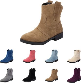 Generic Womens Low Block Heel Boots Womens Pull On Boots Slip On Winter Bootie Wide Calf Autumn Bootie Wide Fit Mid Calf Boot Solid Colour Frosted Boot Chunky