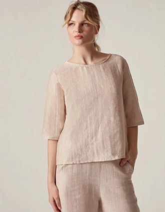 James Lakeland Womens Beige Linen Blend Button-Back Top - Size: 12