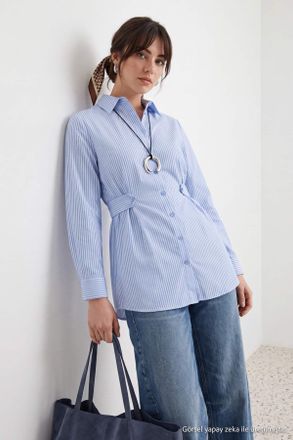 Trendyol Modest Dames Blauw Effen Lang Getailleerd Modest Overhemden