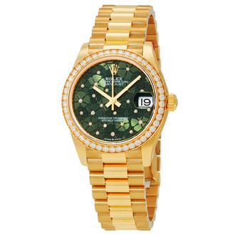 Rolex Datejust 31 Olive-Green Floral Motif Diamond Dial Automatic Ladies 18kt Yellow Gold President Watch M278288rbr-0038