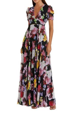 Mac Duggal Floral print mesh cap sleeve gown in Black Multi at Nordstrom, Size 10