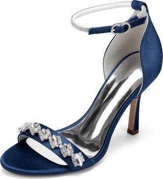 Generic Wedding Shoes Womens High Heel Sandals Open Toe Ankle Strap Satin Bridal Formal Prom Party Dress Stiletto Shoes 9.5Cm,Dark Blue,10 UK