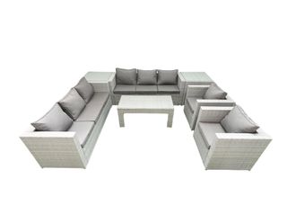 Fimous Outdoor Garden Furniture Rattan Sofa Set with 2 Armchairs Oblong Coffee Table 2 Side Tables Light Grey Mixed