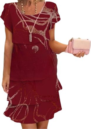 Generic Multi-Plant Floral Print Cascade Dress Boho Print Sleeveless Summer Casual Dresses for Women Printed Fashion Midi Dresses (Dark Red,XL)