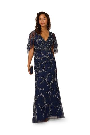 Adrianna Papell Womens Bead Cape Long Dress - Blue - Size 12 UK