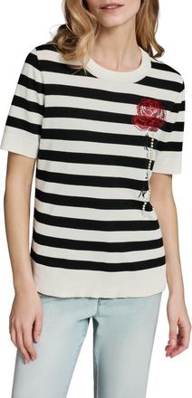 Karl Lagerfeld Bead & Faux Pearl Rose Detail Stripe Sweater in Soft White/Black at Nordstrom, Size X-Large