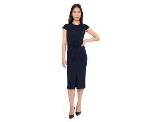 Calvin Klein Cap Sleeve Self Tie Midi Sheath Womens Dress Indigo : 12, Polyester/Spandex