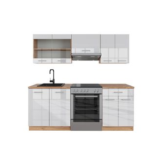 Vicco Mueble De Cocina R-line, Blanco Brillo Intenso/roble Dorado, 200 Cm, Et Roble