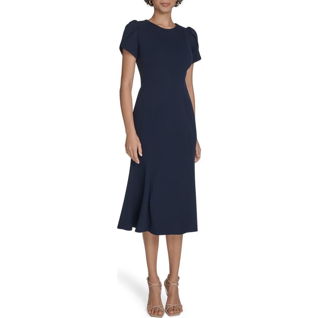 Calvin Klein Tulip Sleeve Crepe A-Line Midi Dress in Indigo at