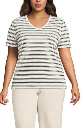 Lands End Short Sleeve Linen Blend V-Neck Tee in Ivory/artichoke Rail Stripe at Nordstrom, Size 2X